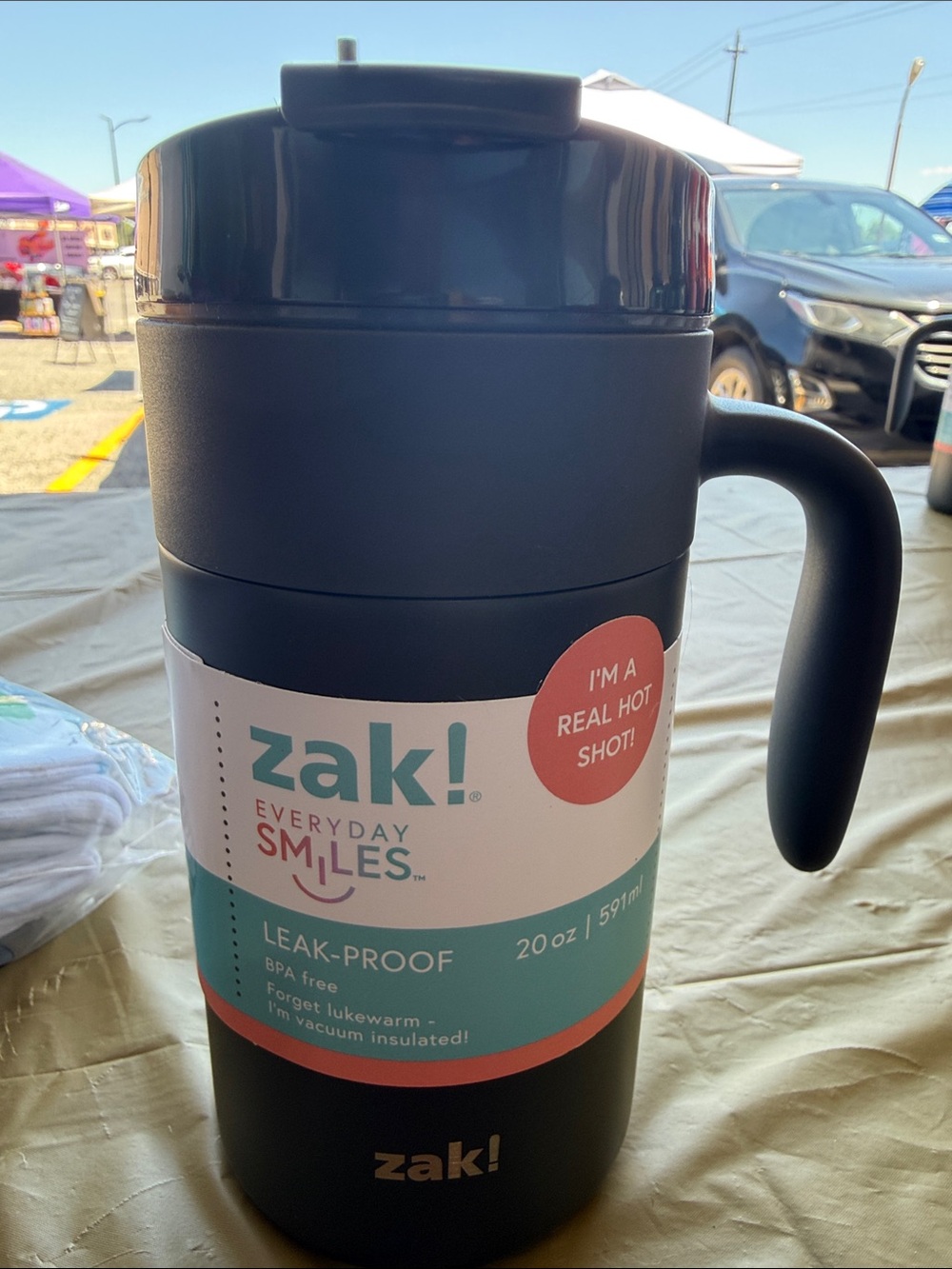 Matte Black Travel Mug with Teal & Coral Label Band